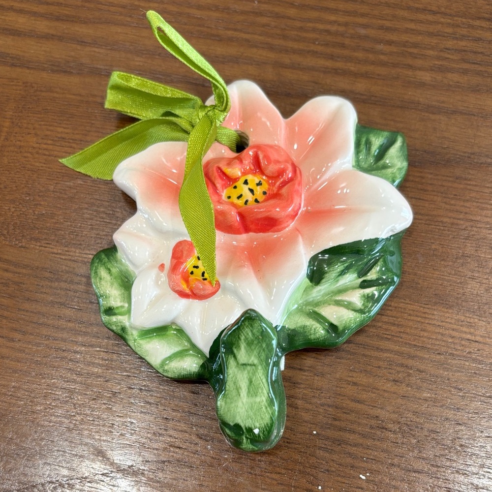 Ceramic Pink & Coral Floral Wall Hanging Hook with Green Ribbon